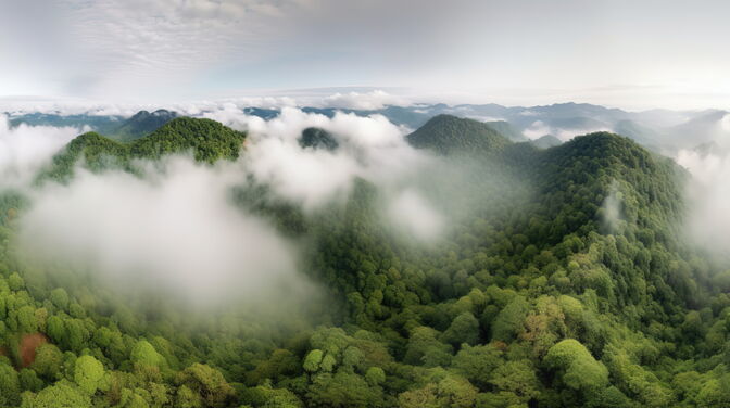 Baumansicht von oben mit Nebel