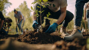 Mann pflanzt Baumsetzling bei Pflanzaktion