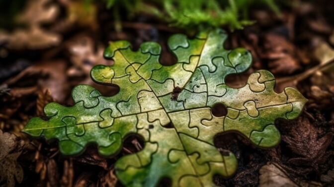 Grünes Blatt als Puzzleteile