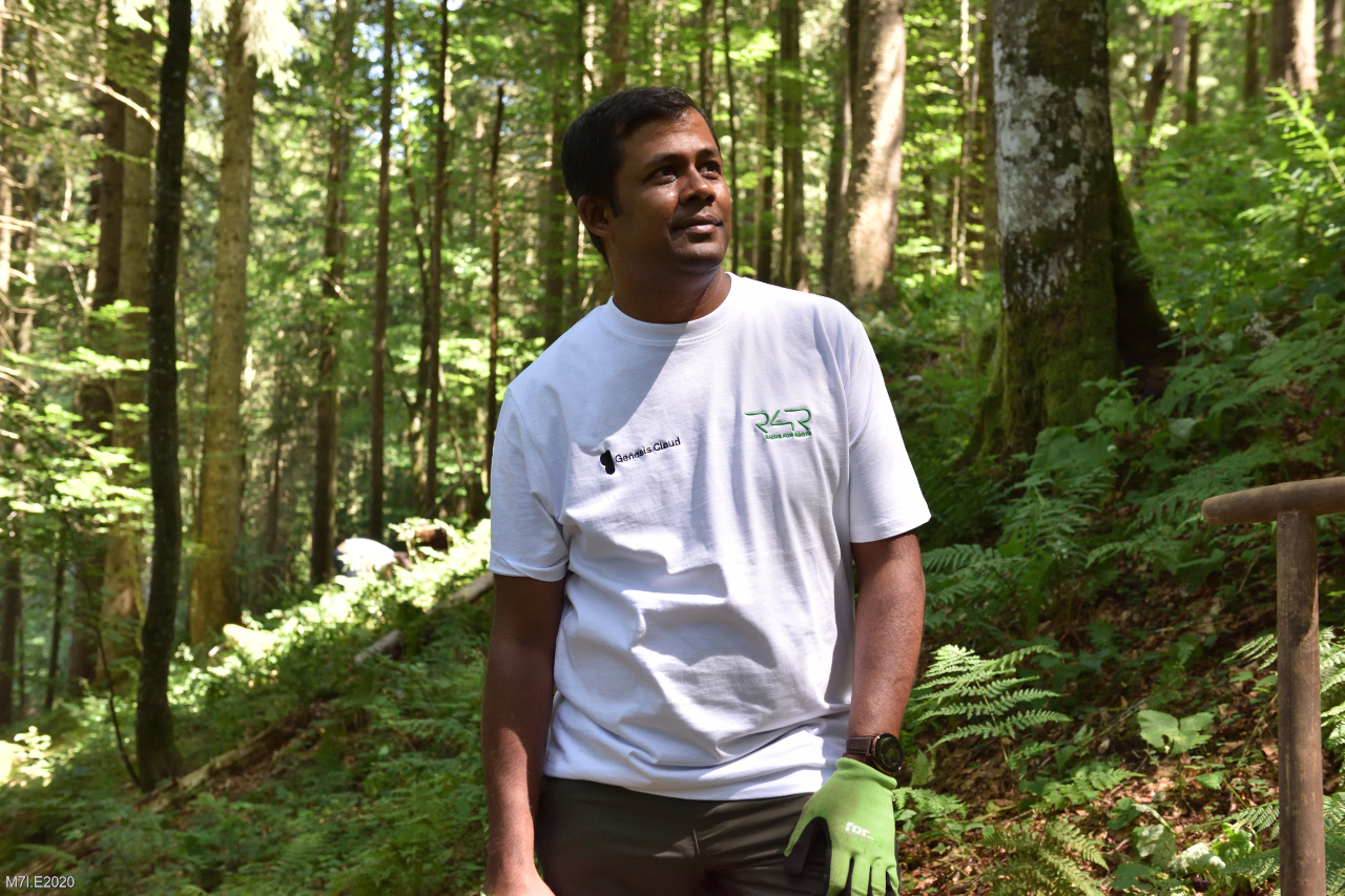 Mann pflanzt Baumsetzling bei Racks4Roots Pflanzaktion