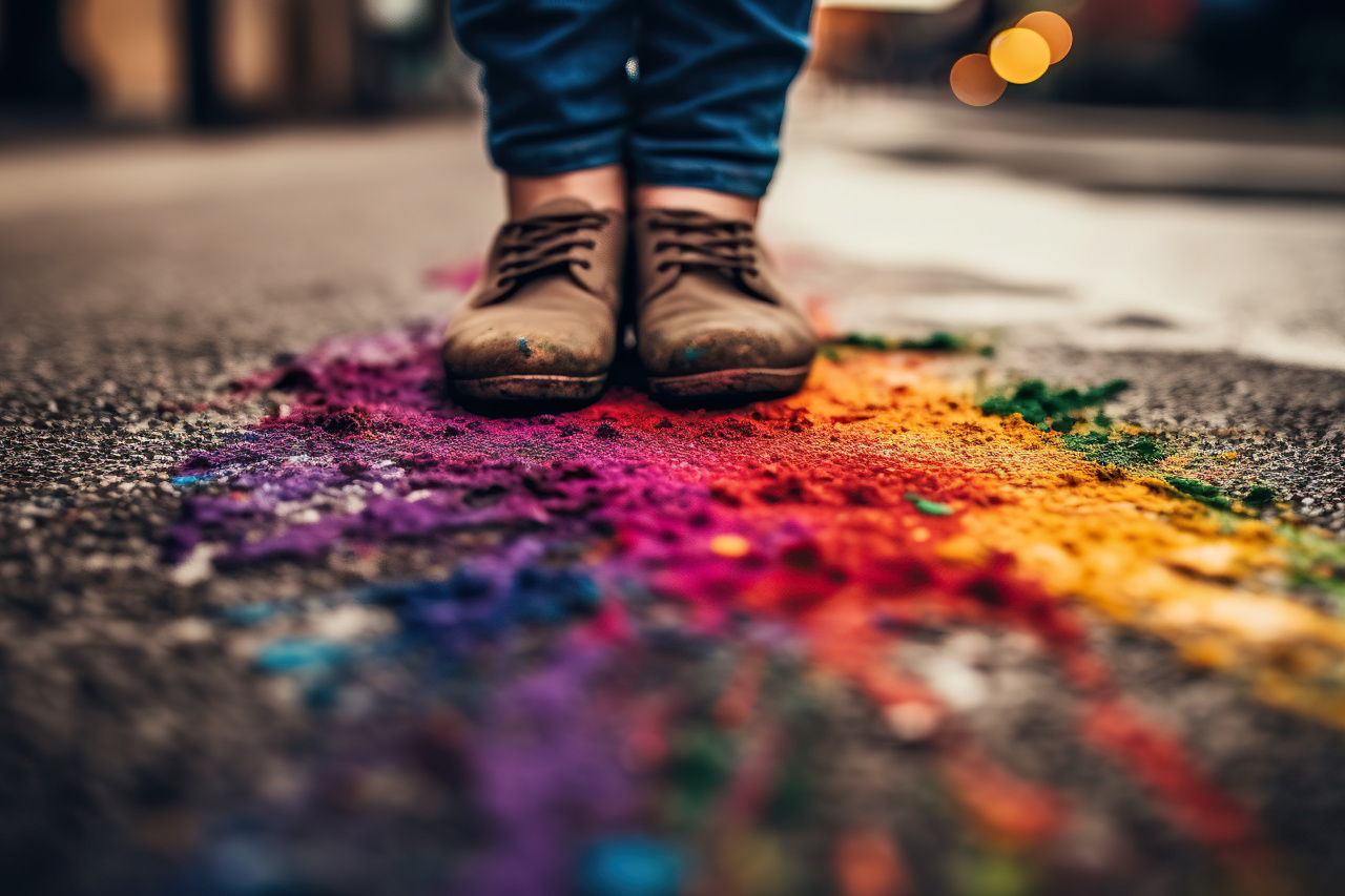 Kind steht auf buntem Untergrund